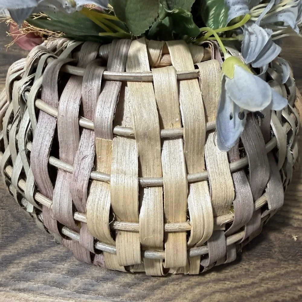 Vintage Pastel Basket Wall Pocket w/ Faux Flowers Pinks/blue Farmhouse Cottage
